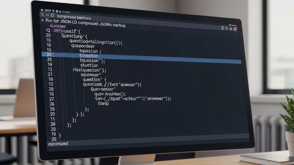 FAQ schema markup code example showing compressed JSON-LD structure for search engine optimization