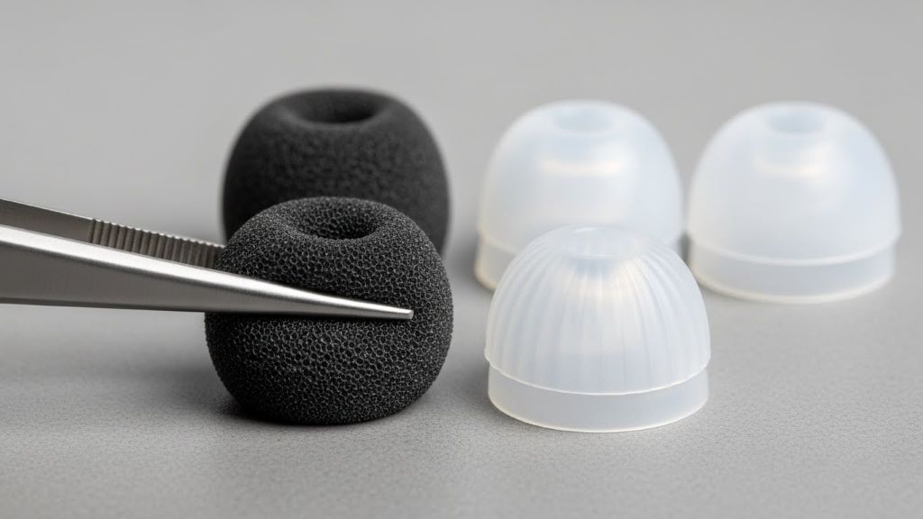 Close-up of foam ear tips being compared with silicone tips for better headphone seal and audio clarity
