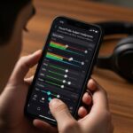 Person adjusting equalizer settings on smartphone to improve budget headphone sound quality and reduce muddiness