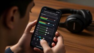 Person adjusting equalizer settings on smartphone to improve budget headphone sound quality and reduce muddiness