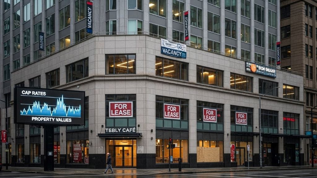 Commercial property building exterior showing office and retail spaces affected by changing cap rates