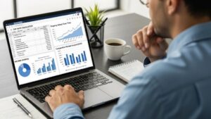 Real estate investor analyzing cap rate calculations and property valuation charts on laptop screen