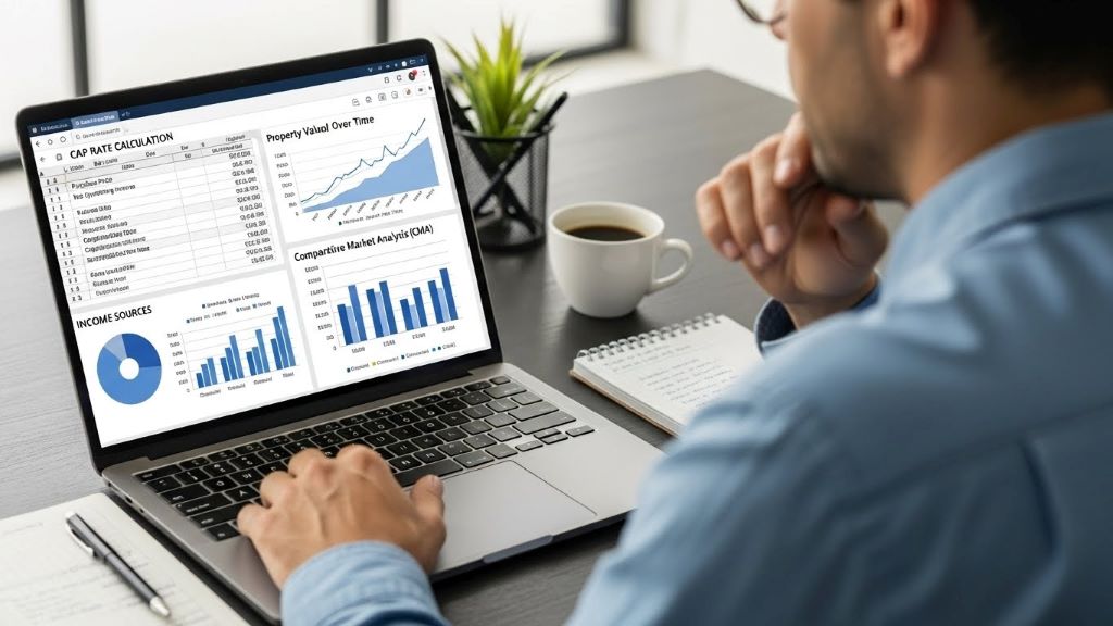 Real estate investor analyzing cap rate calculations and property valuation charts on laptop screen