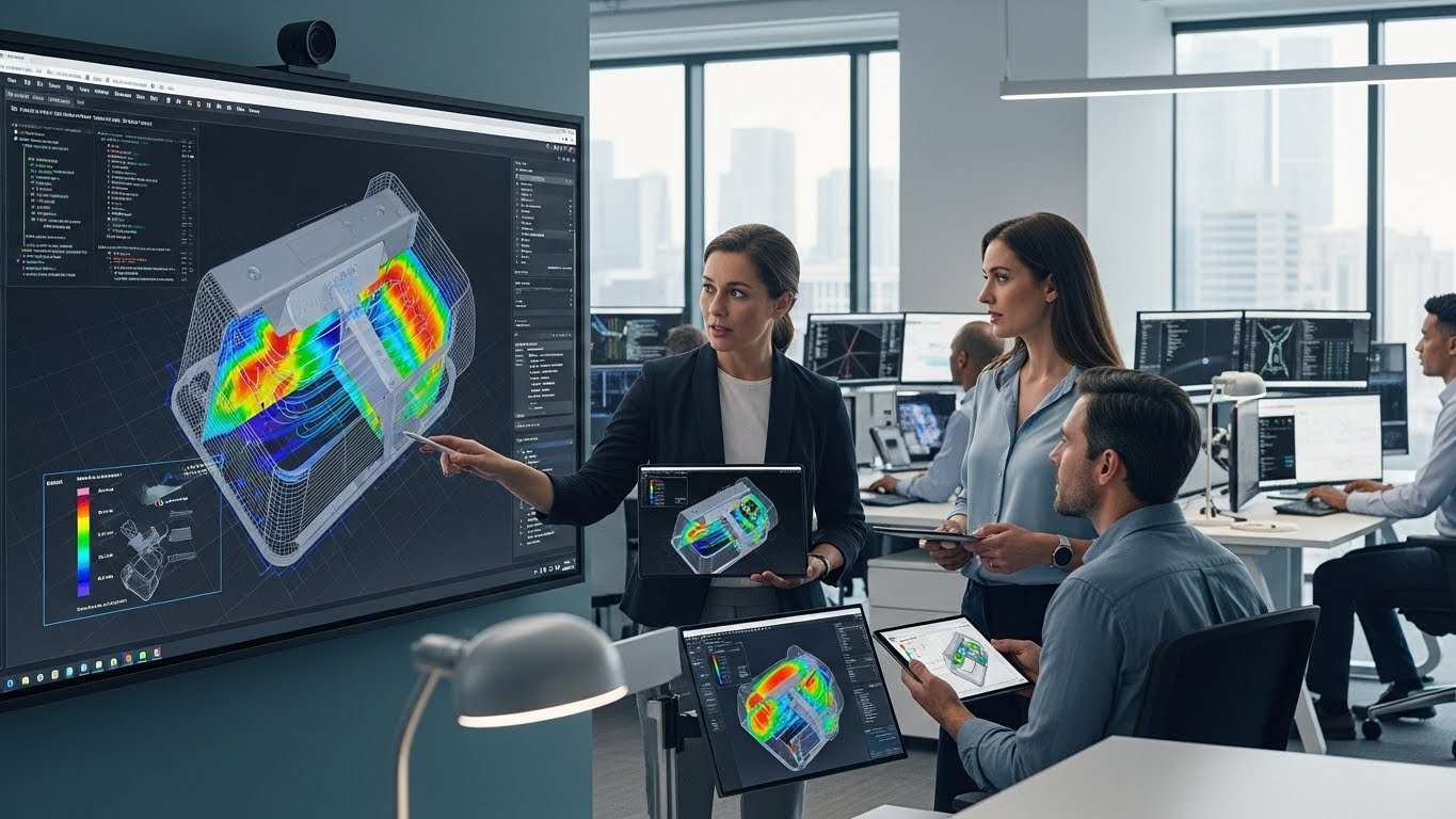 Engineer analyzing colorful digital simulation of stress distribution on automotive component design