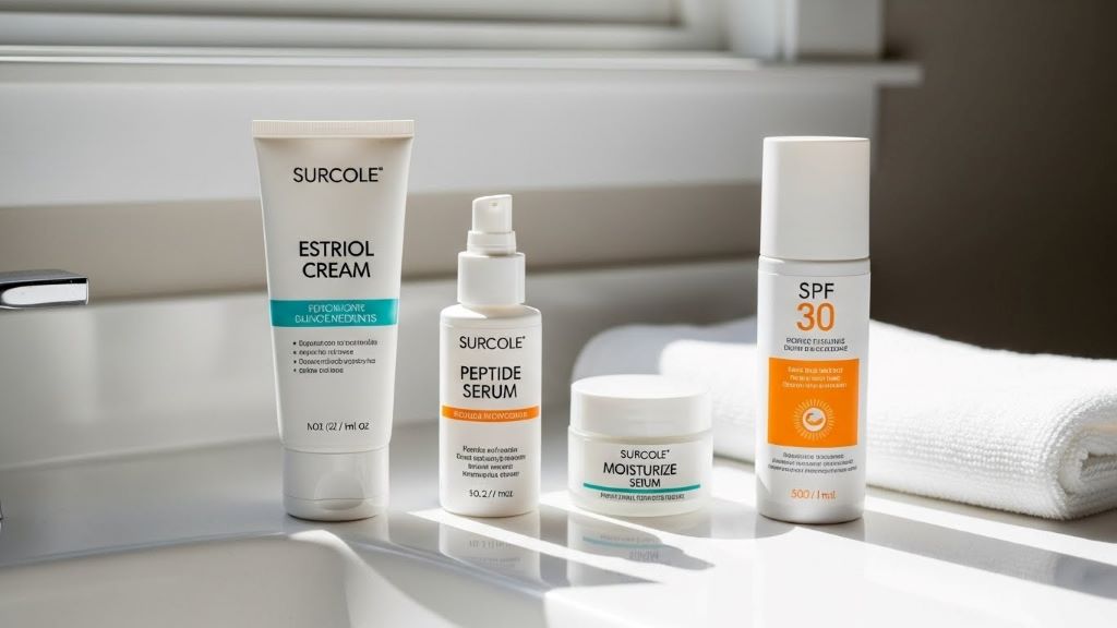 Skincare products including estriol cream and peptide serum arranged in correct application order on bathroom counter