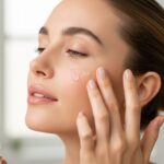 Woman applying peptide serum to face following proper skincare layering technique for estriol and peptide compatibility