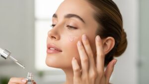 Woman applying peptide serum to face following proper skincare layering technique for estriol and peptide compatibility