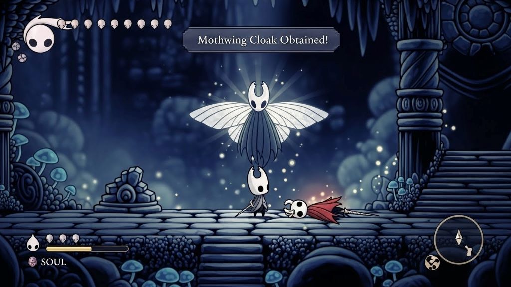Player obtaining Mothwing Cloak from Hornet boss in Hollow Knight gameplay