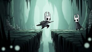 Hollow Knight character using dash ability to cross a gap in Greenpath area