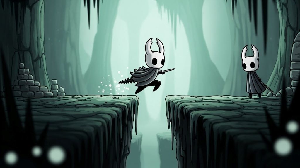 Hollow Knight character using dash ability to cross a gap in Greenpath area