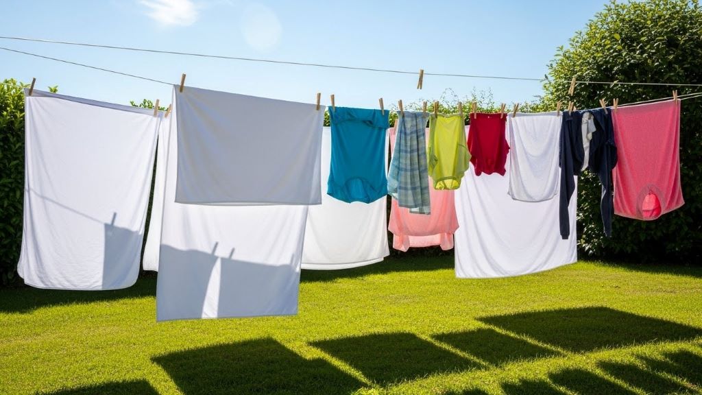 Clean laundry hanging outdoors in bright sunshine to naturally eliminate rancid oil odors