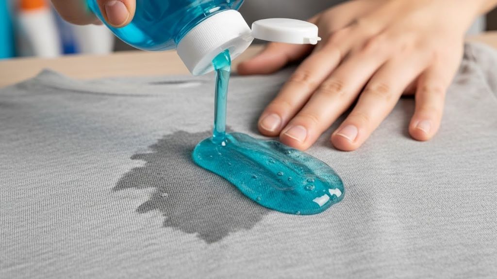 Person applying dish soap to oil-stained clothing fabric for pre-treatment before washing