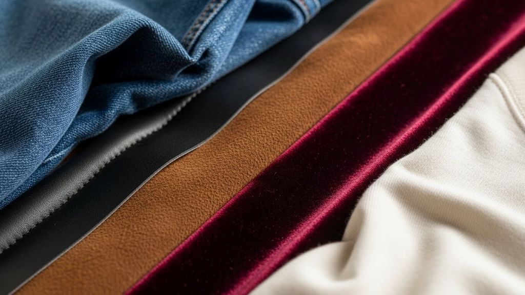 Close-up of textured fabrics including suede, velvet, and leather arranged with casual denim and cotton t-shirt