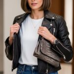 Woman wearing basic white t-shirt with leather jacket and jeans demonstrating luxury texture mixing techniques