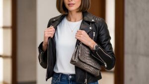 Woman wearing basic white t-shirt with leather jacket and jeans demonstrating luxury texture mixing techniques