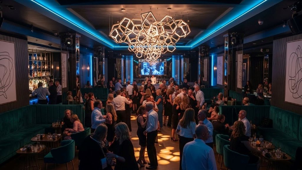 Elegant Miami nightclub interior with mature crowd dancing under ambient lighting and modern decor