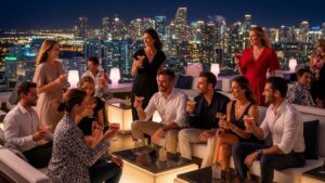 Sophisticated adults enjoying cocktails at upscale Miami rooftop lounge with city skyline view at night