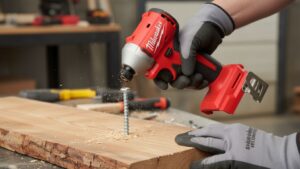Milwaukee M18 Fuel 1by 4 inch hex impact driver in use driving a large lag screw into wood, showcasing its compact red and black design.