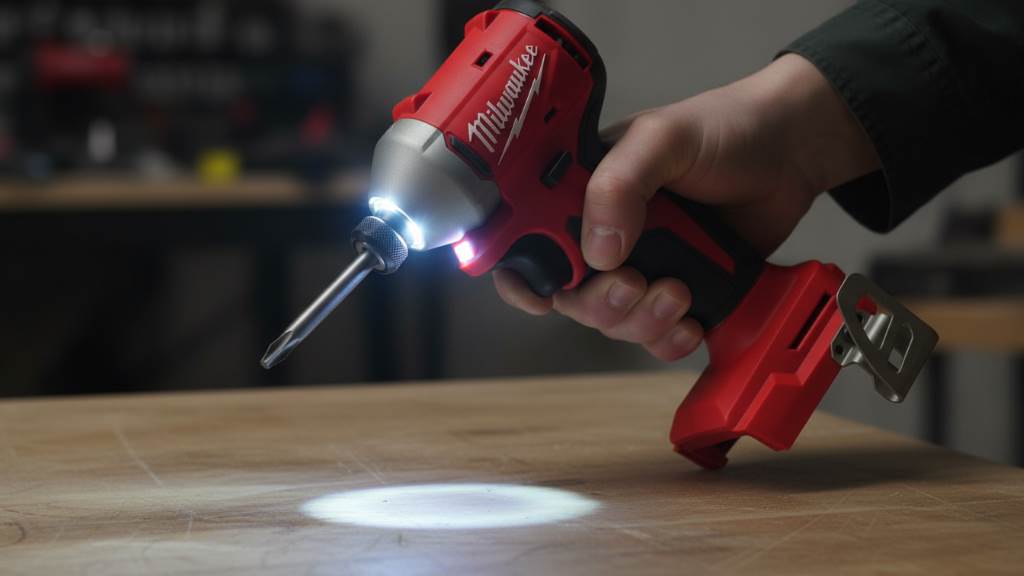 Milwaukee M18 Fuel impact driver Tri-LED lights illuminating a workpiece with one-hand bit insertion