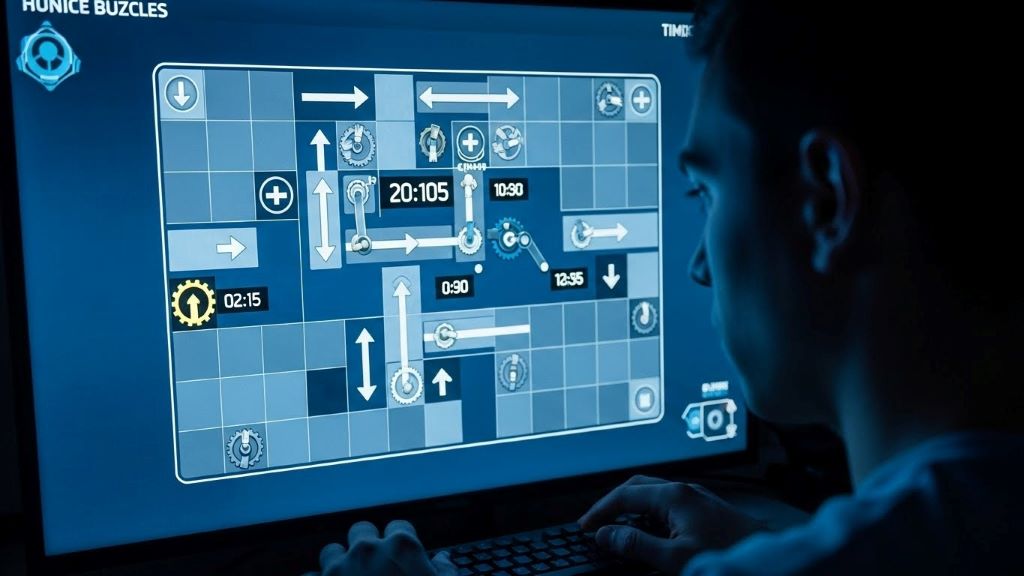 Player strategizing multi-step puzzle solution with directional components and timing triggers displayed on screen