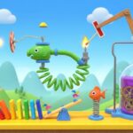 Complex chain reaction puzzle showing interconnected elements creating cascading effects in colorful game environment