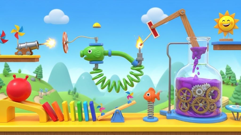 Complex chain reaction puzzle showing interconnected elements creating cascading effects in colorful game environment