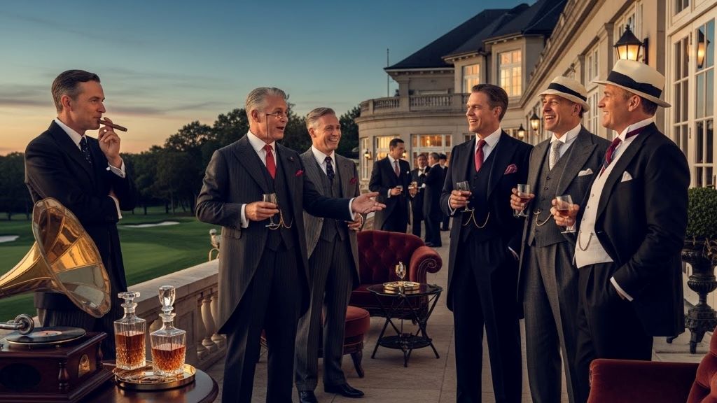 Group of wealthy men in formal 1920s attire socializing at exclusive jazz age country club gathering