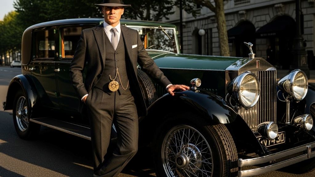 Well-dressed gentleman in 1920s three-piece suit with fedora hat and pocket watch standing beside luxury automobile