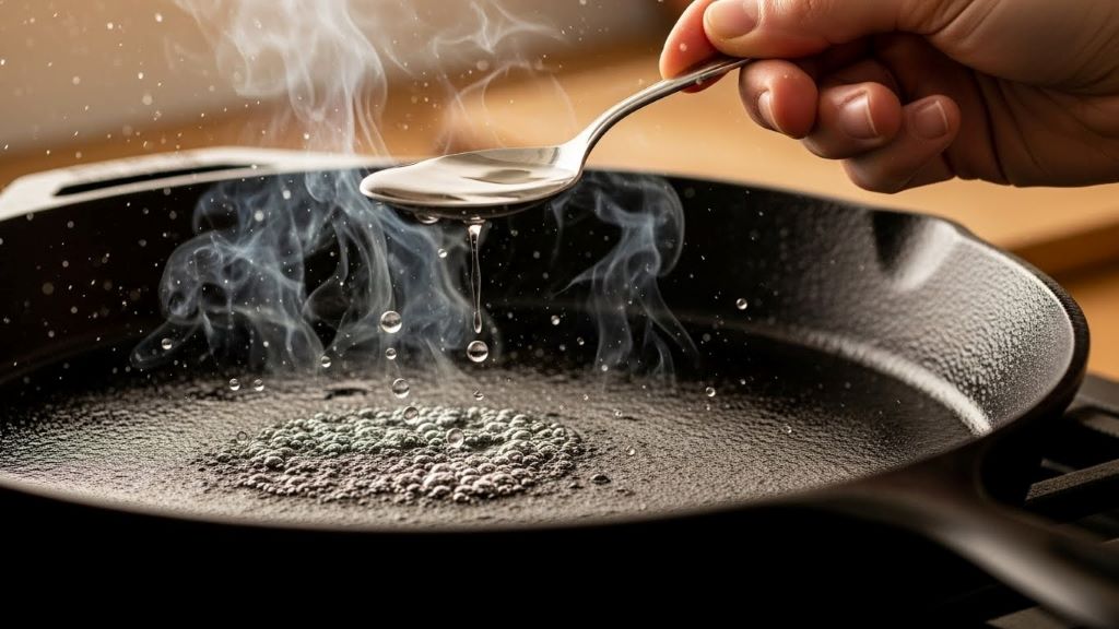 Hand performing water droplet test on preheated cast iron pan showing proper sizzle temperature for cooking steak