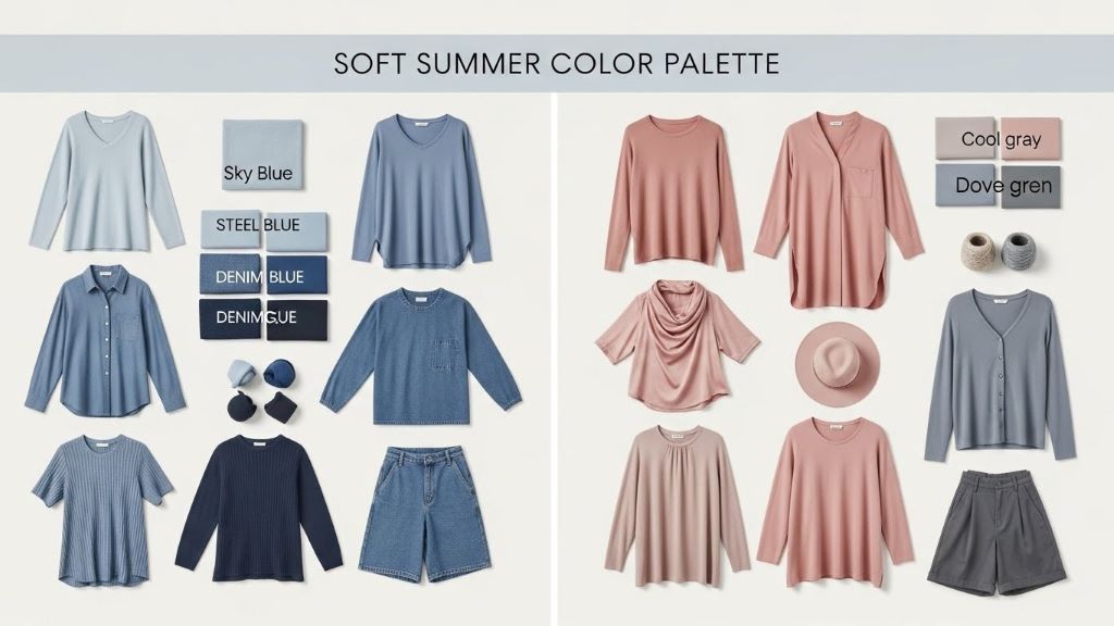Comparison chart showing soft summer color palette with muted blues, dusty roses, and cool gray tones for styling