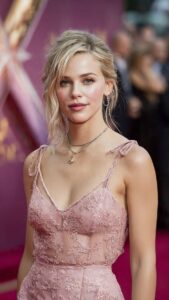 Soft summer celebrity wearing dusty rose dress with ash blonde hair and cool-toned makeup on red carpet