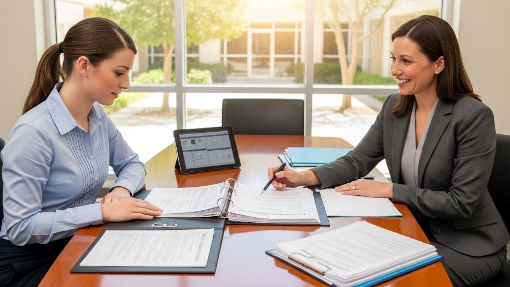 New paraeducator reviewing individualized education program documents during orientation training with special education coordinator