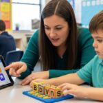 Special education paraeducator working with student using adaptive learning materials during classroom instruction session