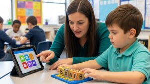 Special education paraeducator working with student using adaptive learning materials during classroom instruction session