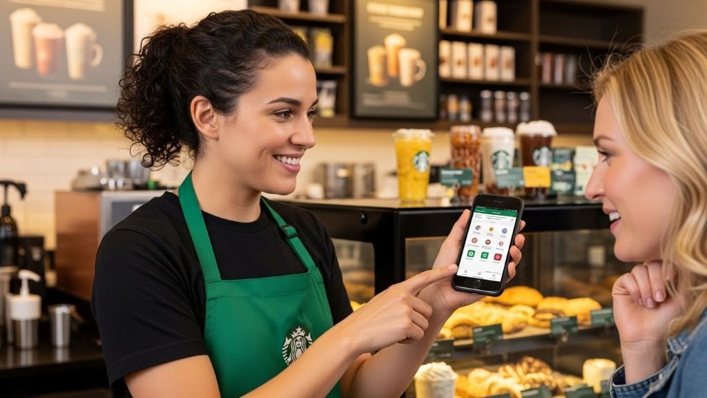 Starbucks employee wearing green apron smiling while serving customer and demonstrating mobile app features on smartphone