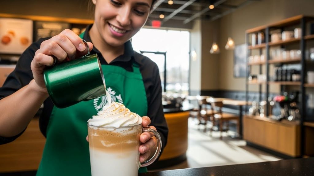 Starbucks barista creating Instagram-worthy seasonal drink with artistic latte design in modern coffee shop setting