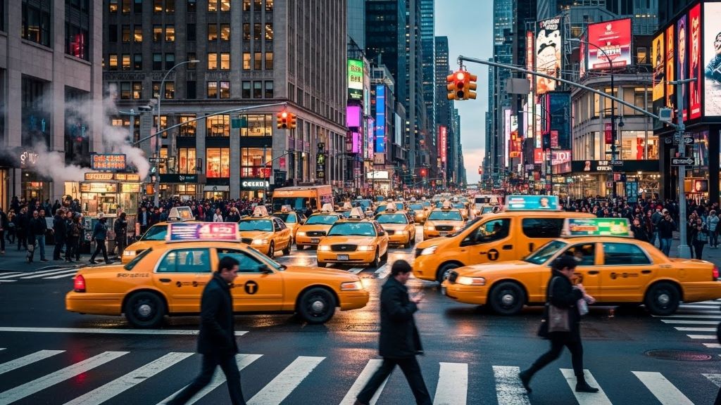 Busy Manhattan street scene with yellow taxi cabs and pedestrians crossing intersection