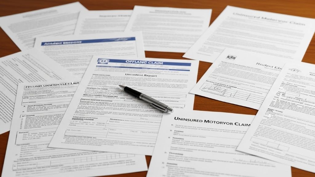 Insurance claim paperwork and documents spread on desk with pen for filing uninsured motorist claim