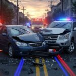 Car accident scene with damaged vehicles showing collision between two cars on city street
