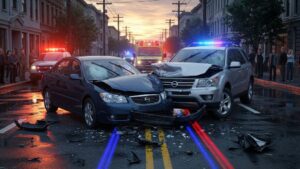 Car accident scene with damaged vehicles showing collision between two cars on city street