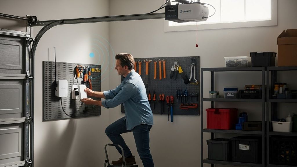 Homeowner installing WiFi mesh network extender in garage to improve smart garage door opener signal reception