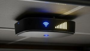 Smart garage door opener mounted on ceiling with WiFi signal indicator showing strong connection strength