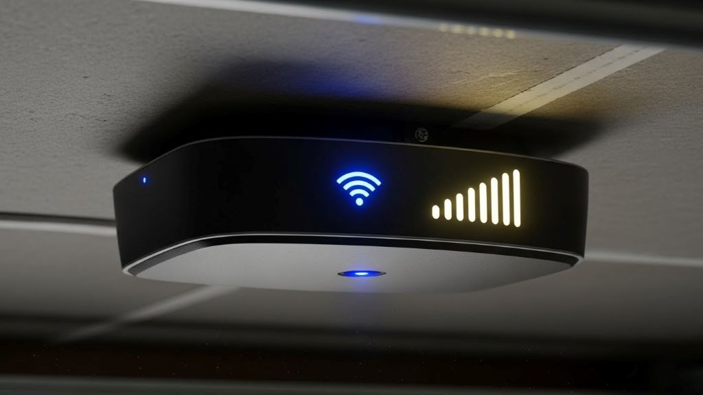 Smart garage door opener mounted on ceiling with WiFi signal indicator showing strong connection strength