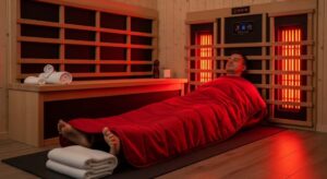 Far infrared sauna blanket used after yoga for muscle recovery and relaxation