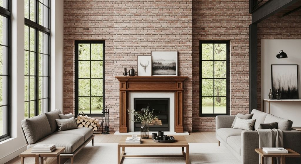 Olvion house interior showcasing exposed brick accent wall with traditional fireplace mantel surrounded by minimalist furniture and large windows for natural light