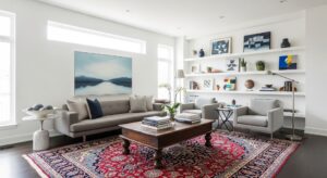 Modern living room featuring clean white walls and contemporary furniture with traditional Persian rug and antique wooden coffee table creating elegant style contrast