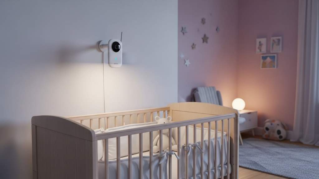 Modern smart baby monitor camera positioned above a crib in a softly lit nursery room