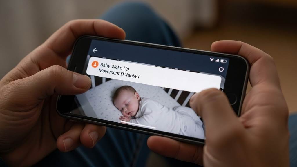Parent holding smartphone displaying a notification alert from a baby monitor app