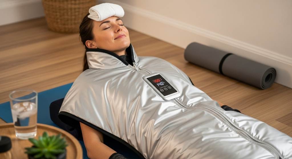 Post-yoga recovery with far infrared sauna blanket for deep muscle relief