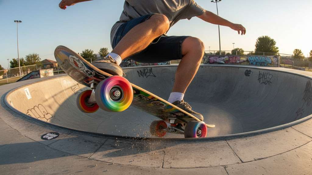 Rider carving a bowl at skate park with Independent trucks and colorful Spitfire wheels setup